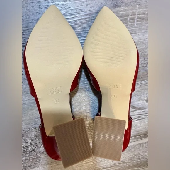 Red Chunky High Heel Shoes Pointed Toe, Ankle strap, Leather Upper Woman's 9 M - Picture 5 of 14